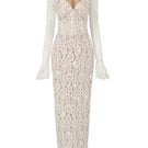 Beige Avery floral lace cut-out midi dress by 21Six featuring intricate lace details and a stylish silhouette.