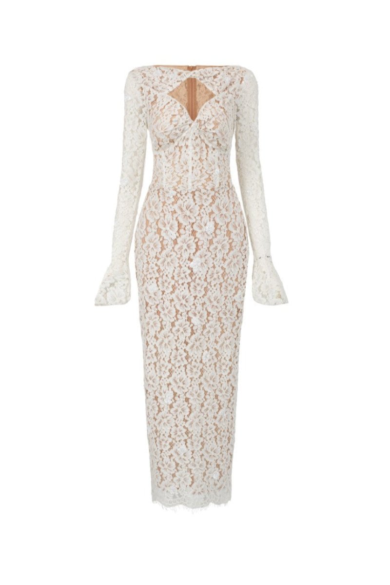 AVERY FLORAL LACE CUT OUT DRESS IN BEIGE - CULT MIA