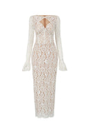 Beige Avery floral lace cut-out midi dress by 21Six featuring intricate lace details and a stylish silhouette.