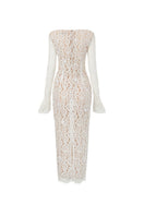 Beige Avery floral lace cut-out midi dress by 21Six featuring intricate lace details and a stylish cut-out design.