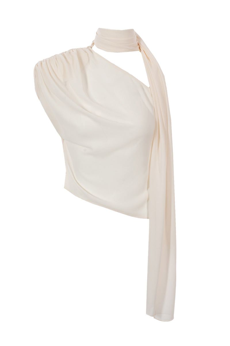 Off-white Kris Marán top with attached shawl, featuring a stylish, flowy design perfect for elegant casual wear.