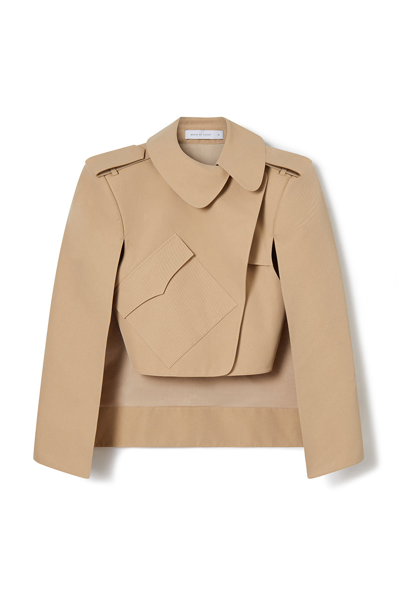 DITTANY TWILL ASYMMETRICAL COLLAR DETAIL CROPPED COAT IN SAND