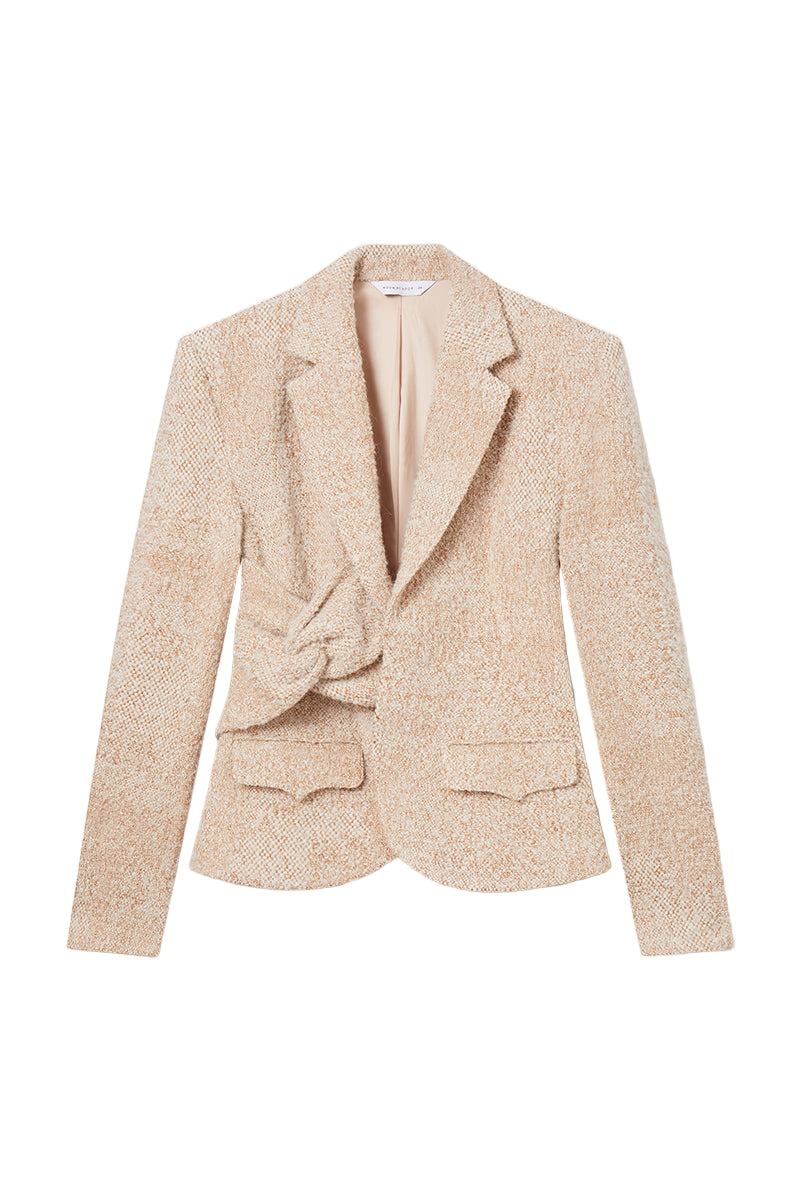 PANOS TWEED ASYMMETRICAL KNOT JACKET IN IVORY/CARAMEL