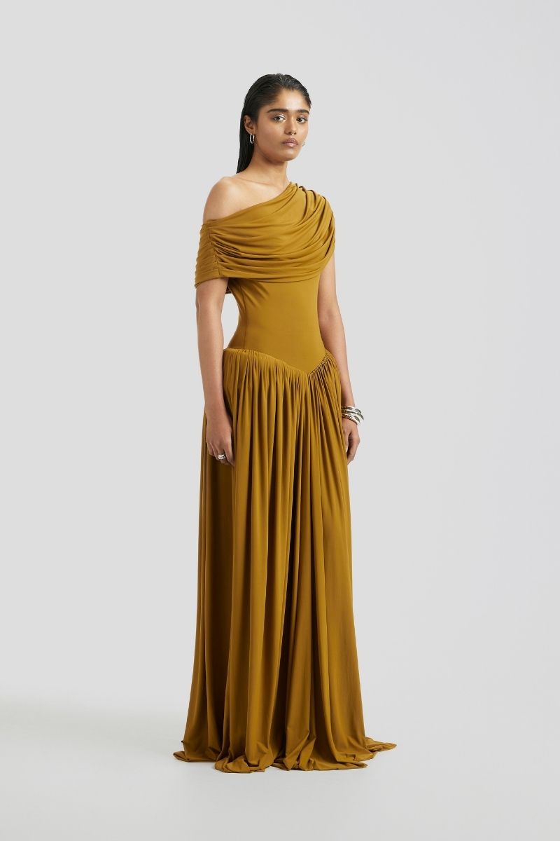 yellow brown dress Contrast midi dress M/L / Mustard/ Brown / 100% Cotton