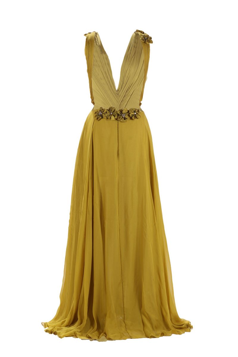 Aquarel Studio Poppy Dress gown with floral design, flowing fabric, and elegant silhouette displayed on a hanger.