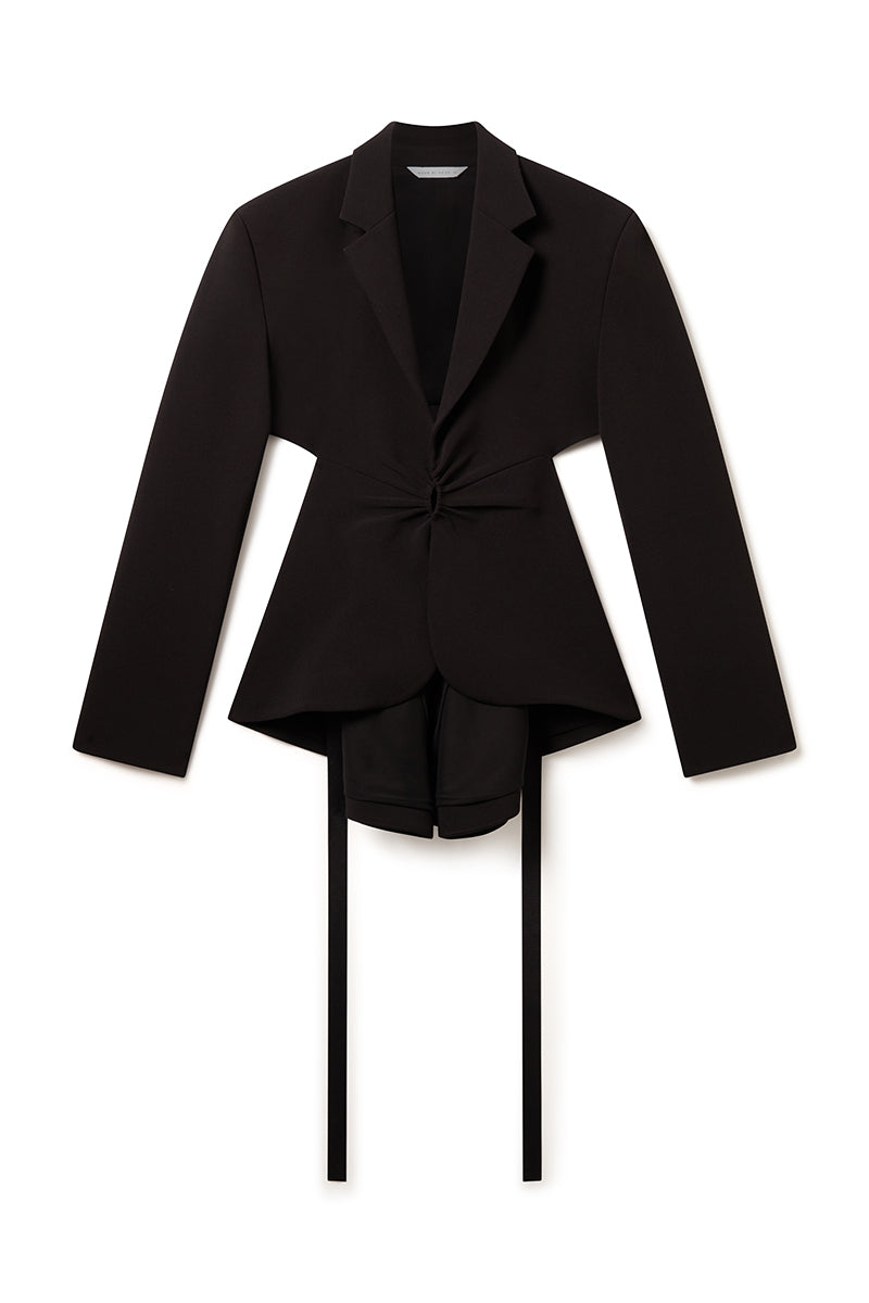 SAFARINA CREPE TAILORED CUTAWAY KNOT JACKET IN BLACK