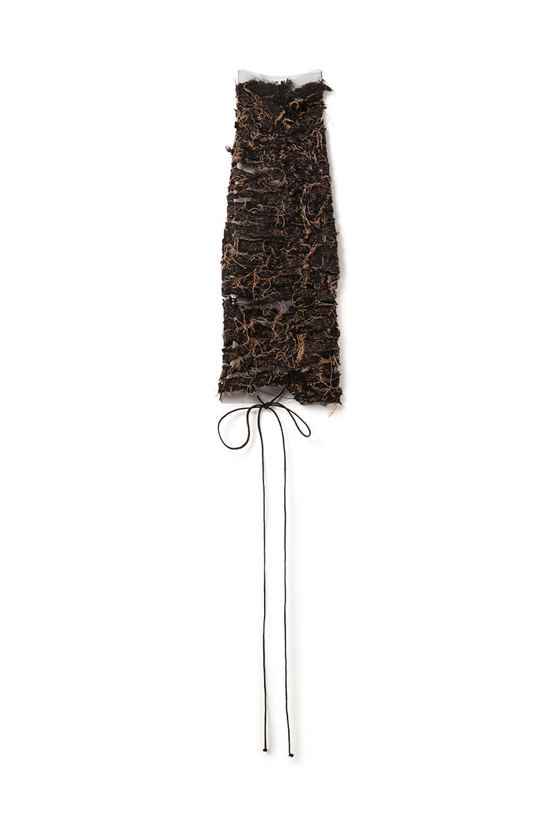 DETRUIRE TEXTURED TWEED AND TULLE HALTER NECK TOP IN BLACK/CARAMEL