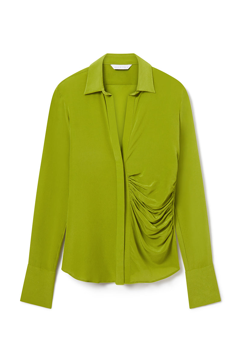 ELLORA SILK GEORGETTE ASYMMETRICAL WAISTED GATHERED SHIRT IN PALM GREEN