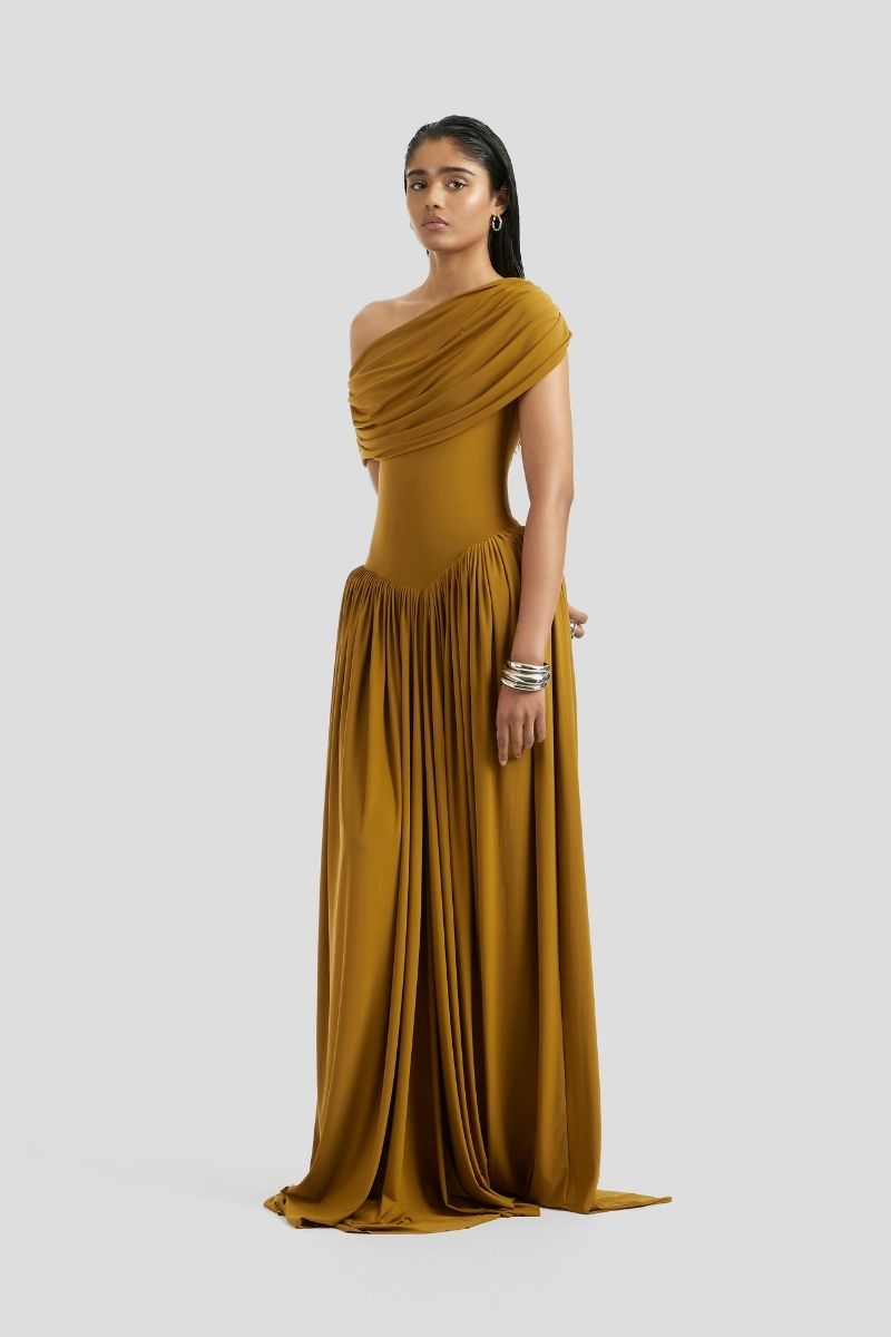 yellow and brown dress Deme By Gabriella SABINE MAXI DRESS IN OCHRE YELLOW