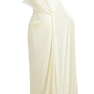 Deme By Gabriella Luciana maxi dress in off-white with flowing fabric and elegant design, showcased on a model.