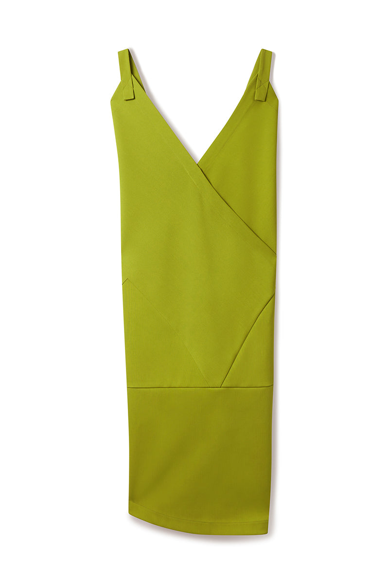 RHEA BONDED TWILL V NECK DRESS IN PALM GREEN