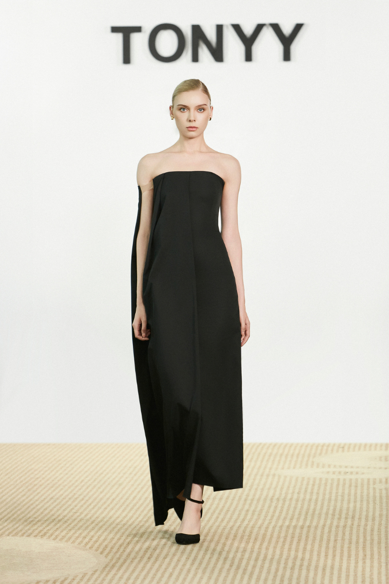 Black Obsidian Flow Maxi Dress by TONYY, elegant long dress with flowing fabric and stylish design, suitable for formal occasions.