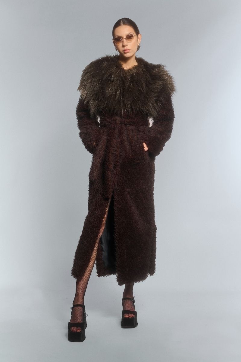FAUX FUR MAXI COAT WITH FLARED SLEEVES IN BROWN - CULT MIA