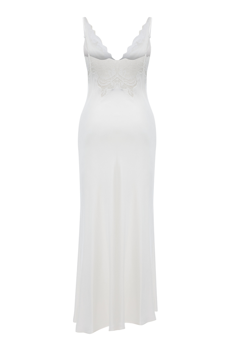 Bocan Couture Elle long rayon nightgown with off-white lace accents, flowing and elegant sleepwear for women.