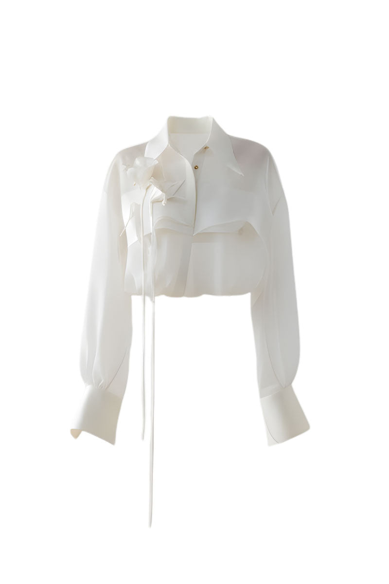 White sheer organza shirt by DOC BAN, showcasing lightweight, translucent fabric and classic button-down design.