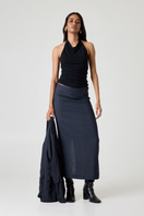Summer Away Audrey skirt in vintage blue midi skirt with flowy fabric and a high-waisted design, perfect for casual or dressy occasions.