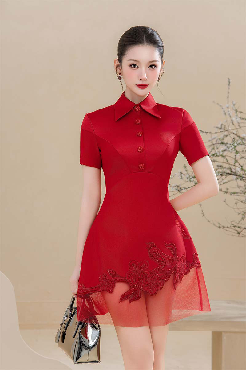 Do Long Crimson Petal Mini Dress, sleeveless floral mini dress with a fitted waist and ruffled hem, displayed on a hanger.