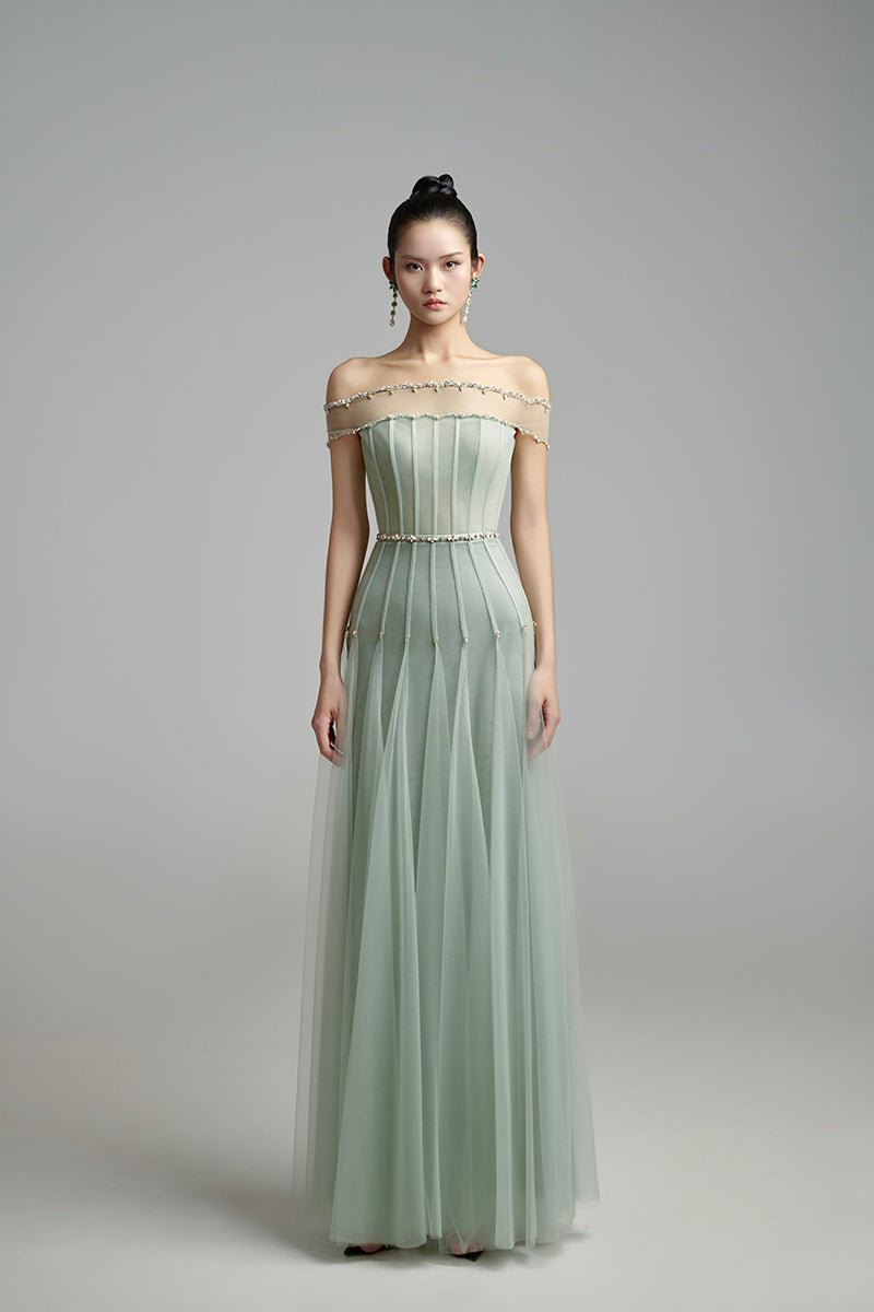 Elegant off-shoulder stone gown by Happy Clothing featuring flowing fabric and a sophisticated design.