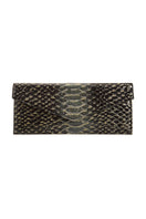 Vikele Studio Opera clutch in python leather, showcasing a sleek, textured design with a compact, elegant silhouette.