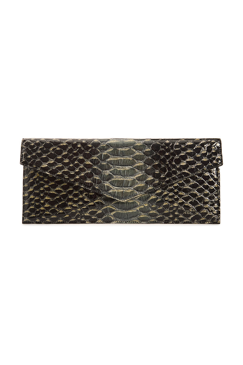 Vikele Studio Opera clutch in python leather, showcasing a sleek, textured design with a compact, elegant silhouette.