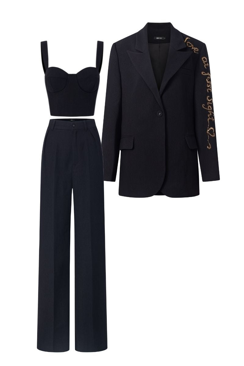 Black Erica texture attached jacket set from 21Six, featuring a stylish co-ord with textured fabric and modern design.