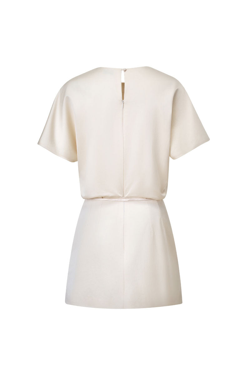LECIA Bloom mini dress in ivory, lightweight sleeveless dress with a fitted waist and flowy skirt, perfect for summer wear.