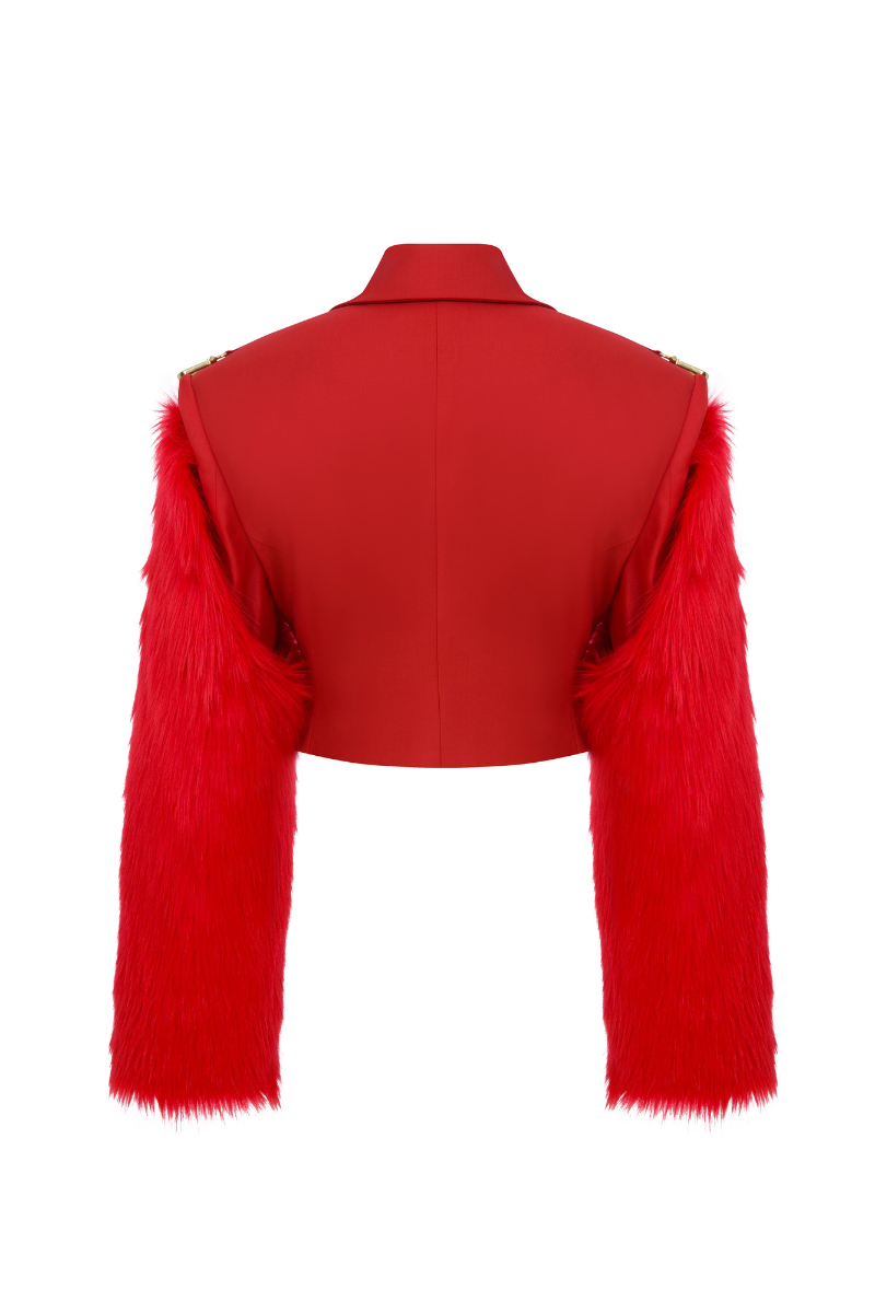 Sudi Etuz cropped jacket with removable faux fur sleeves, stylish outerwear with a modern fit and versatile design.