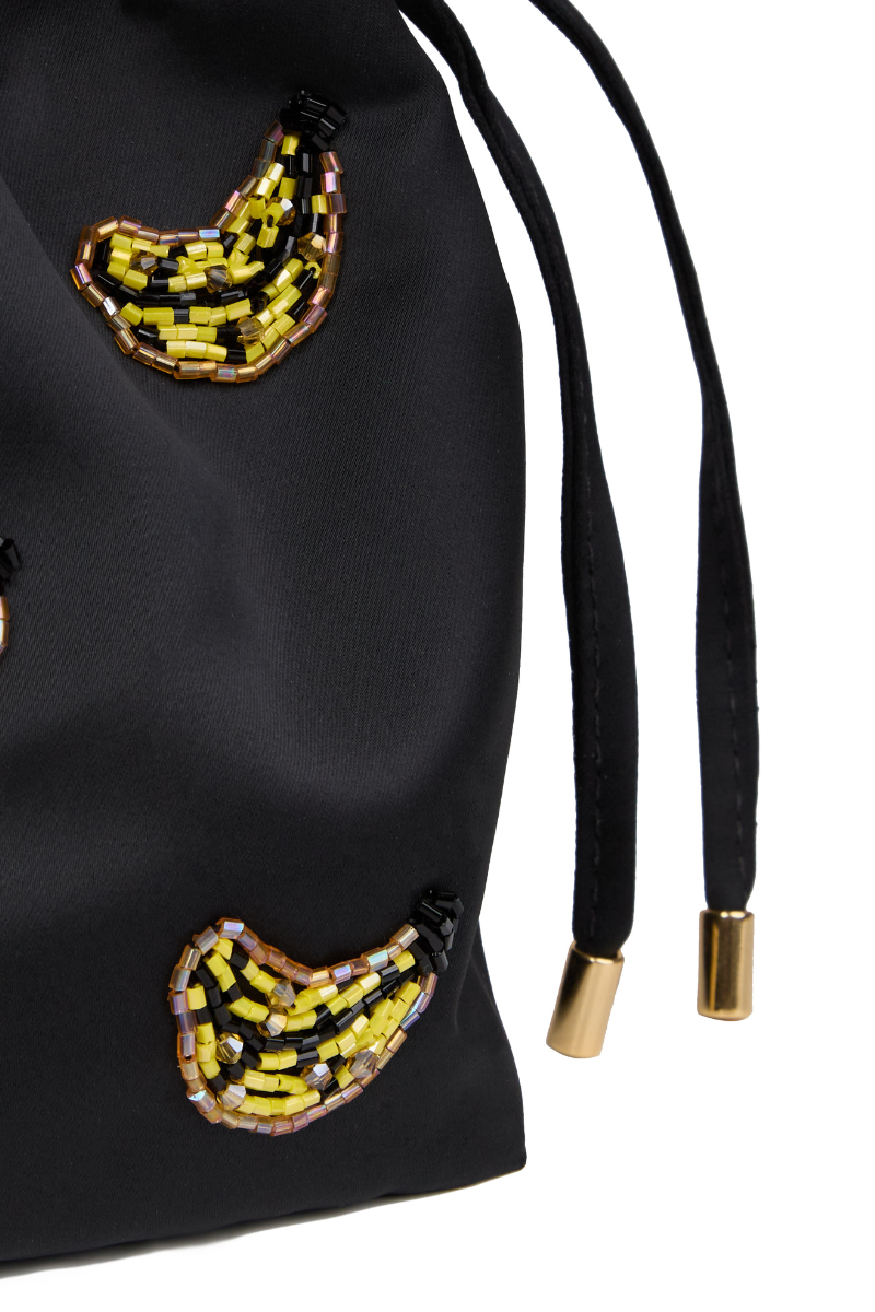 Waiwai Rio BEL Banana Cetim Bag, a top handle satin bag in banana shape with elegant design and gold hardware accents.