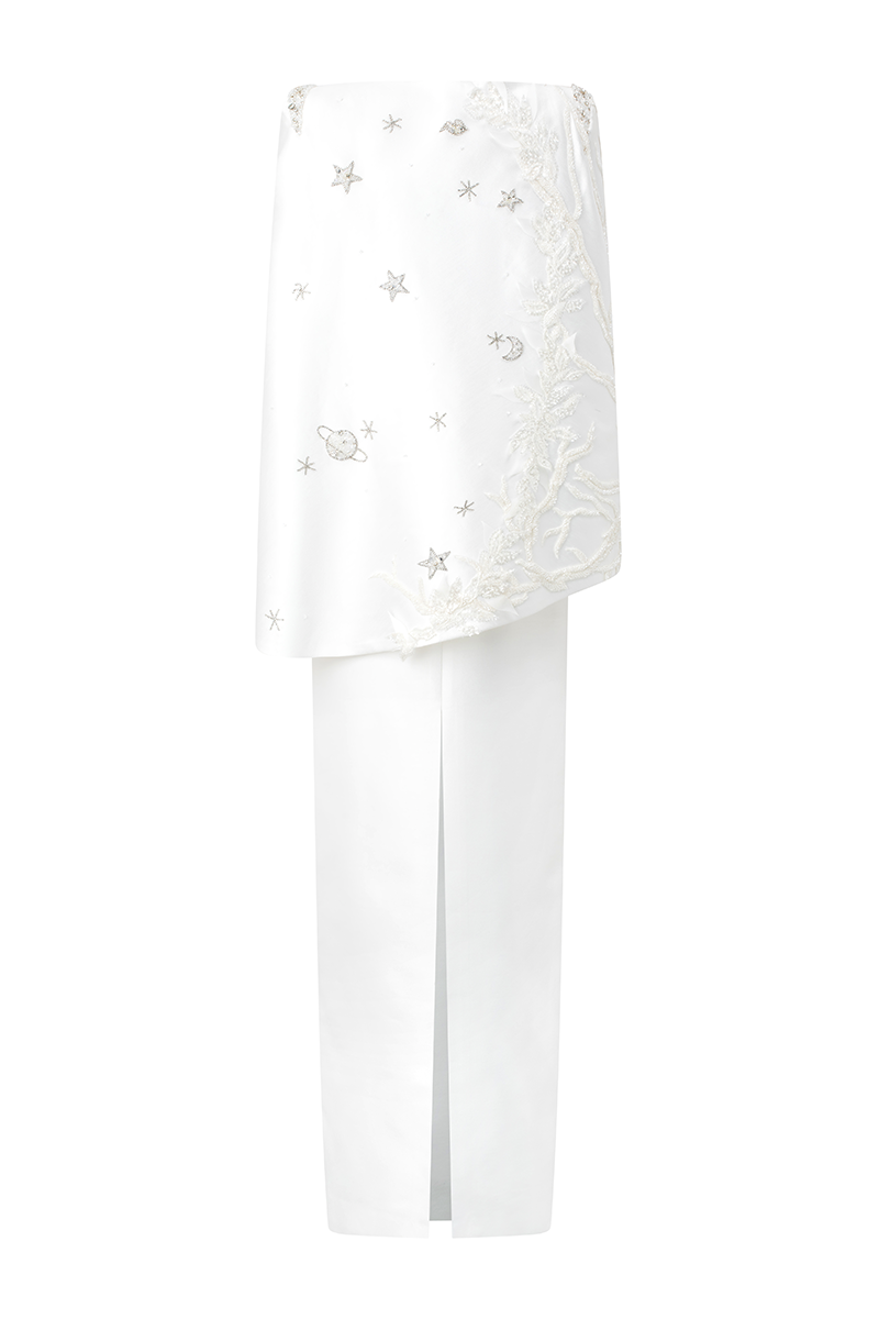 WHITE CAMISOLE STRAIGHT GOWN WITH ASYMMETRIC CAPE SET - CULT MIA