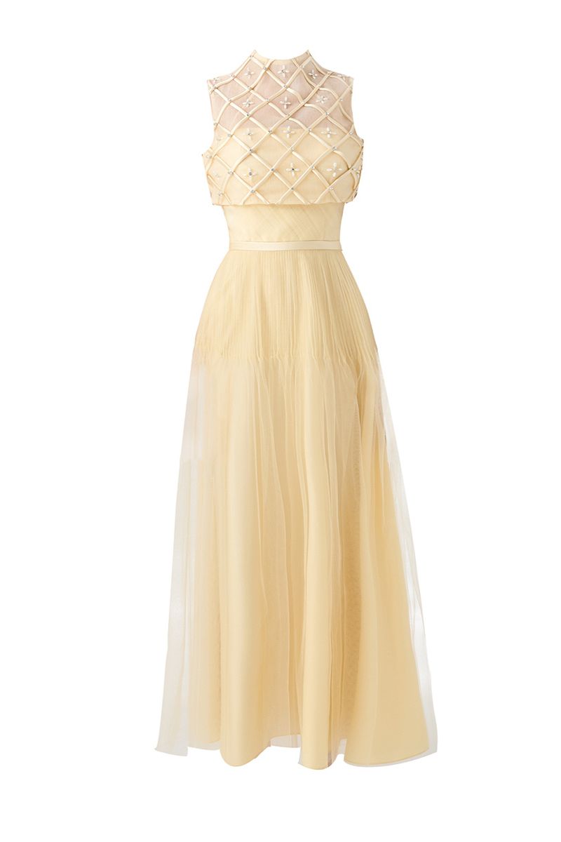 BEIGE A-LINE DRAPED MESH SILK MAXI DRESS - CULT MIA
