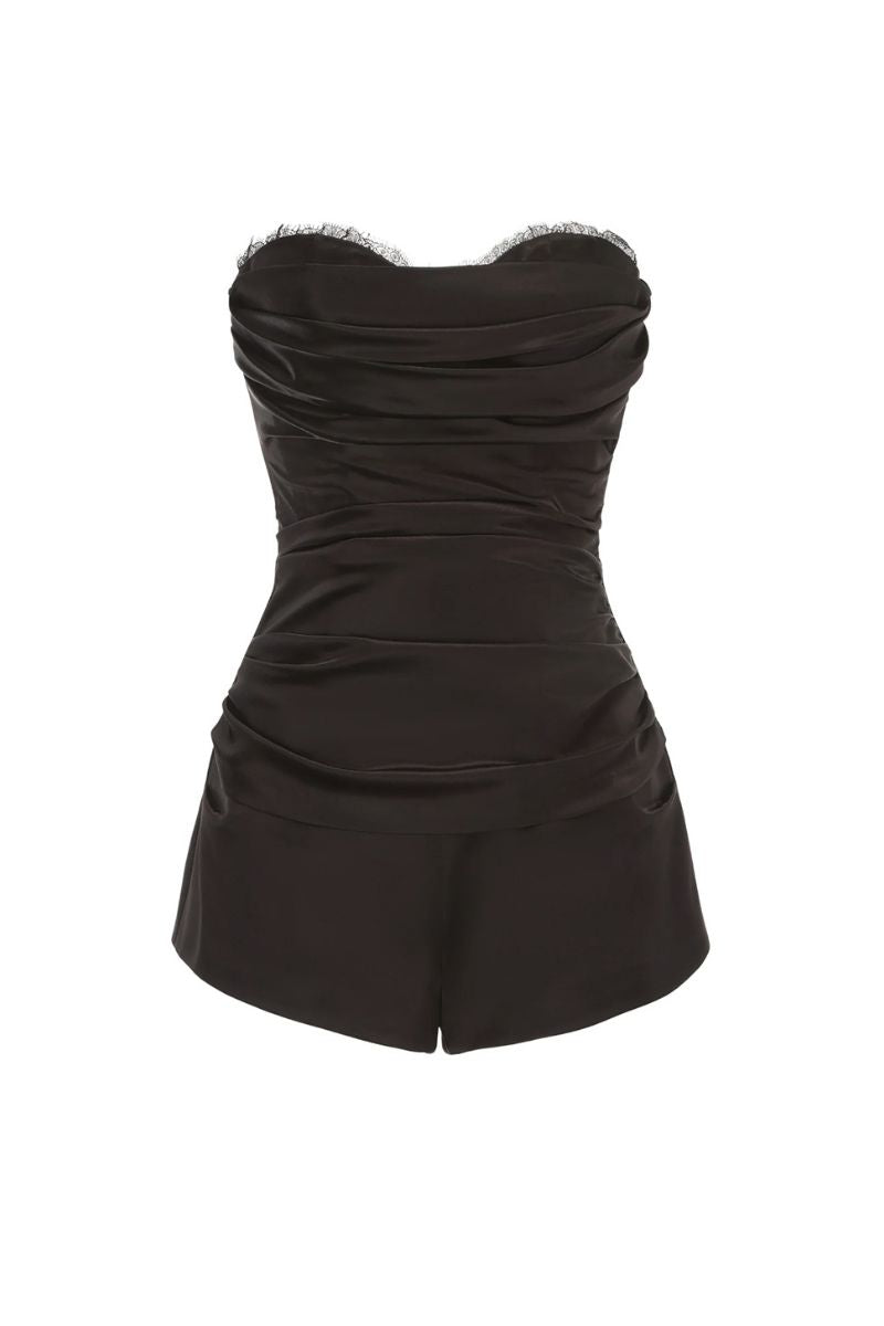 Nana Jacqueline Athena black jumpsuit with wide-leg design and fitted bodice, showcased on a model.