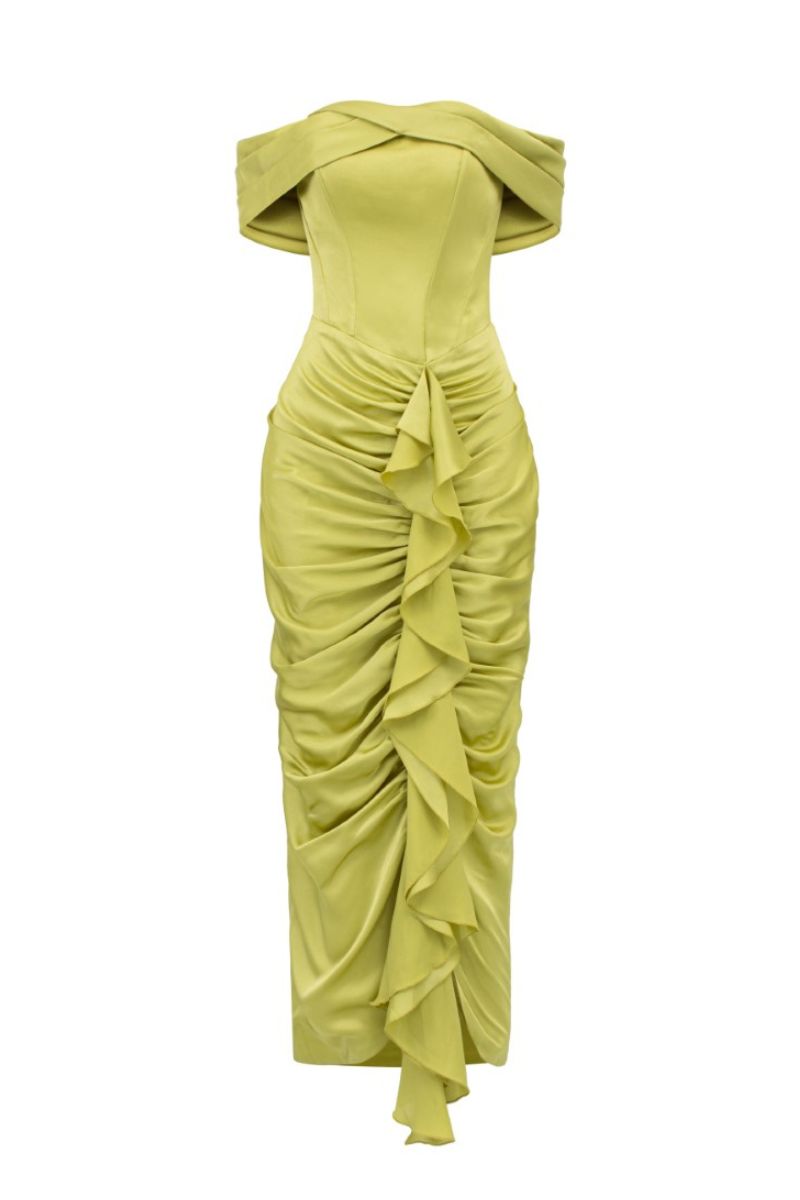 NAAVA GREEN SILK SATIN OFF-SHOULDER MIDI DRESS - CULT MIA