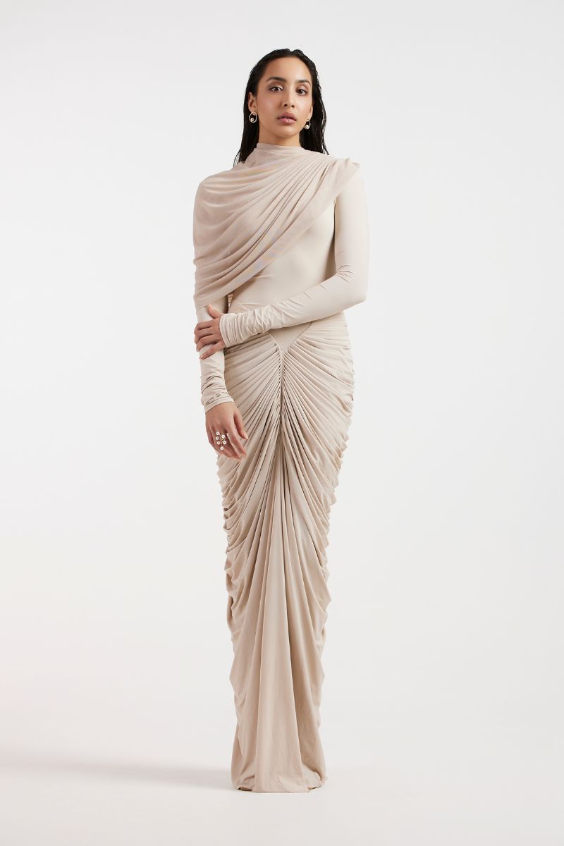 ELORA BEIGE DRAPED GOWN - CULT MIA