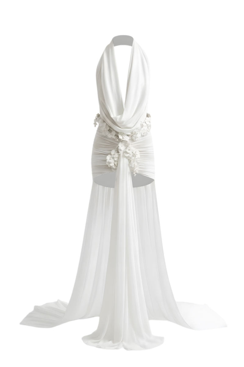 White Plan Seraphina draped mini dress featuring a flowy silhouette and elegant design, showcased on a model.