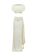 Deme By Gabriella Alyssa co-ords top and skirt set in matching fabric, shown on a model with a casual stylish look.