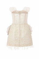 White Sabrina lace and tulle mini dress by 21Six, featuring delicate lace details and a flowing tulle skirt.