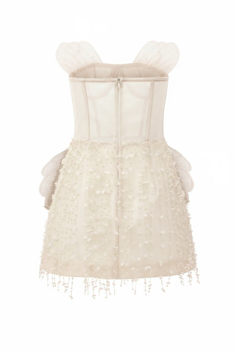 White Sabrina lace and tulle mini dress by 21Six, featuring delicate lace details and a flowing tulle skirt.