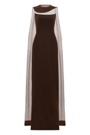 Brown crepe and chiffon caped gown by Lili Blanc, elegant evening dress with flowing fabric and detailed cape design.