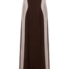 Elegant brown crepe and chiffon caped gown by Lili Blanc, featuring flowing fabric and sophisticated design.