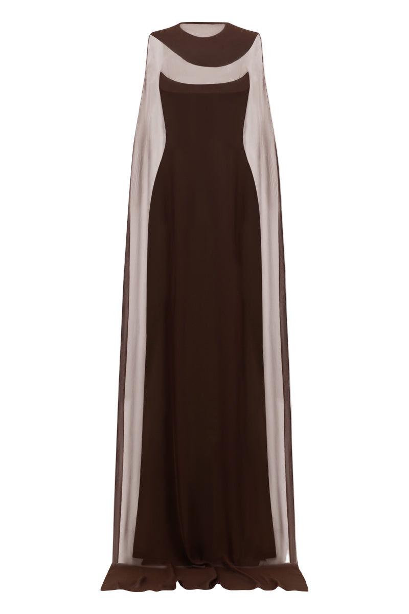ELEGANT CREPE AND CHIFFON CAPED GOWN IN BROWN
