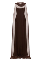 Elegant brown crepe and chiffon caped gown by Lili Blanc, featuring flowing fabric and sophisticated design.