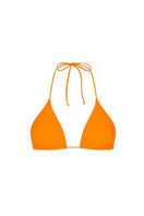 Aguaclara papaya triangle bikini top with adjustable straps and vibrant orange color, styled on a model.