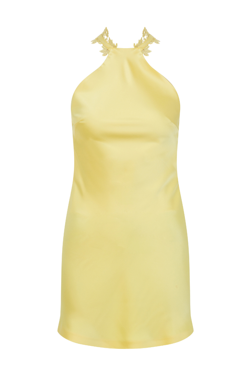 HALTER NECK MINI SATIN DRESS WITH LACE TRIMMINGS - CULT MIA