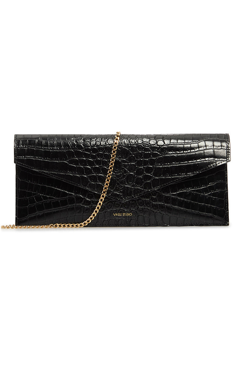 Black Vikele Studio opera clutch with sleek design, featuring a smooth finish and elegant structure, perfect for formal occasions.