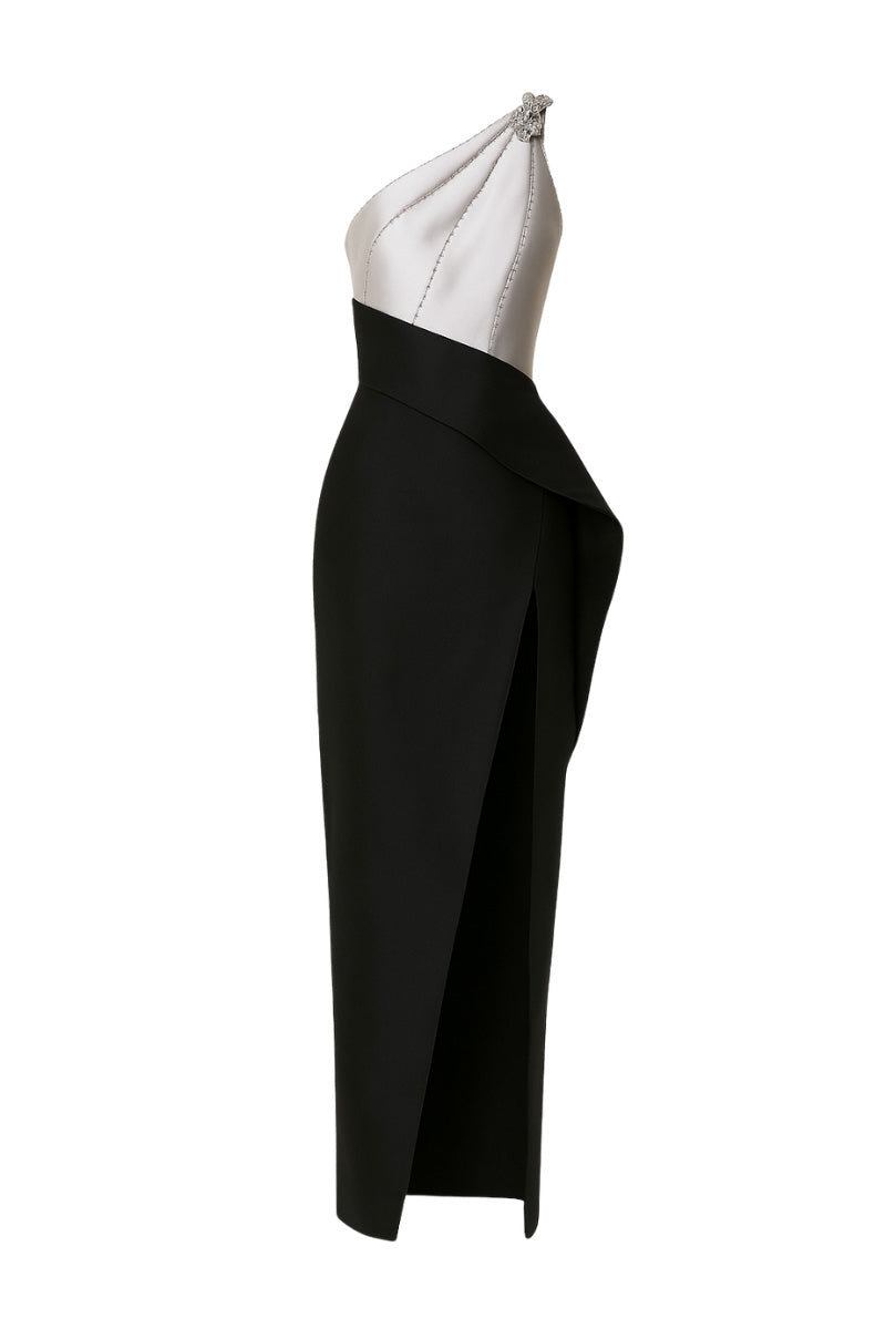 BLACK SLIT ASYMMETRIC DRESS IN BLACK AND SILVER