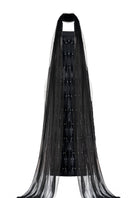 Black strapless stone floor-length gown with scarf detail from Happy Clothing, featuring a fitted bodice and flowing skirt.