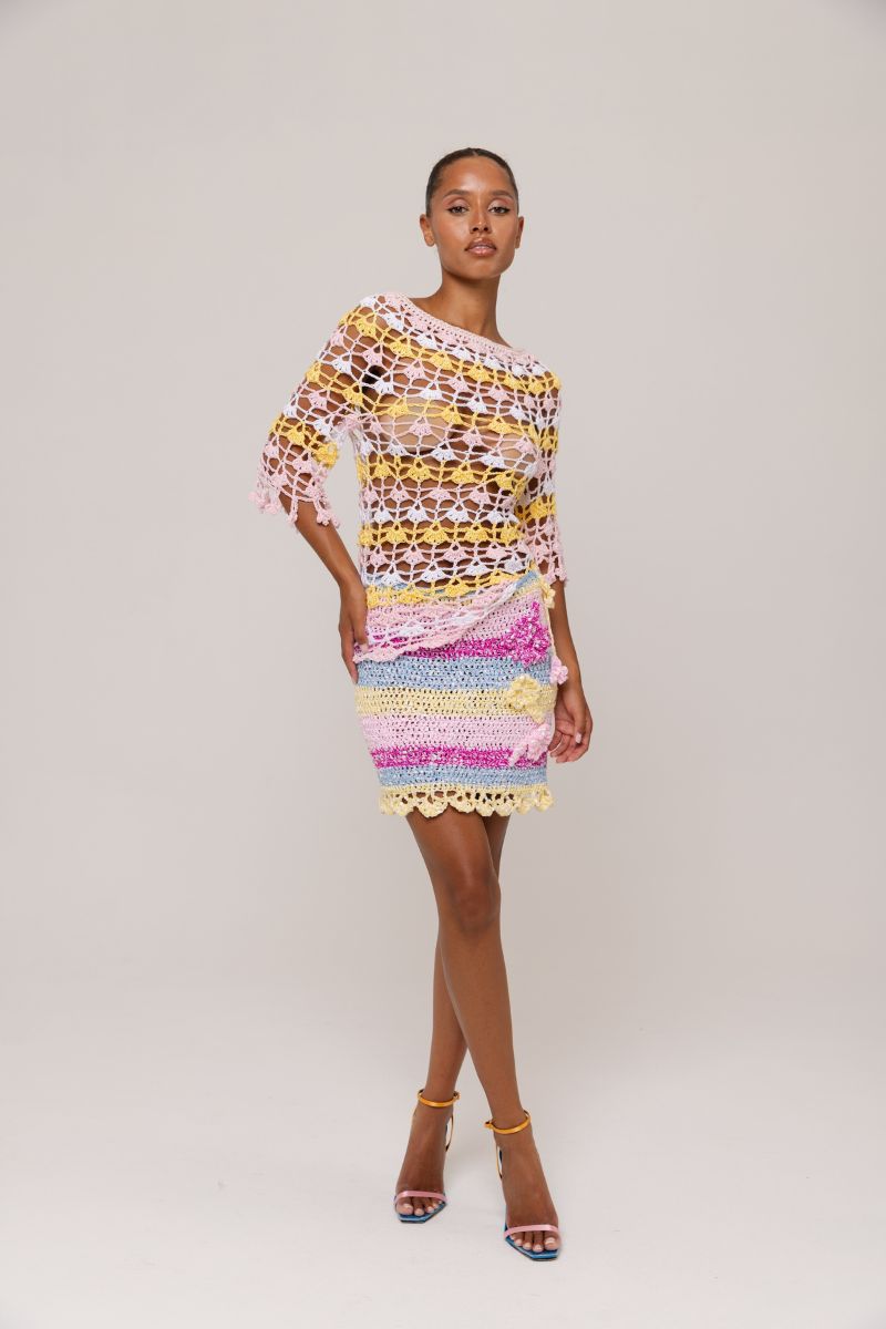 Andreeva Bird of Paradise handmade mini crochet skirt showing intricate floral pattern and lightweight design.
