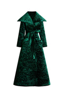 Le Thanh Hoa The Verdant Coat, stylish long coat in green fabric with button details and classic collar, on a hanger.