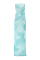 Blue water-themed gown by IKINITA featuring flowing fabric and elegant design, perfect for formal occasions or evening wear.