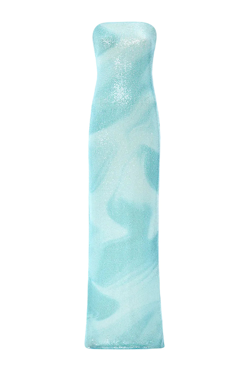 Blue water-themed gown by IKINITA featuring flowing fabric and elegant design, perfect for formal occasions or evening wear.
